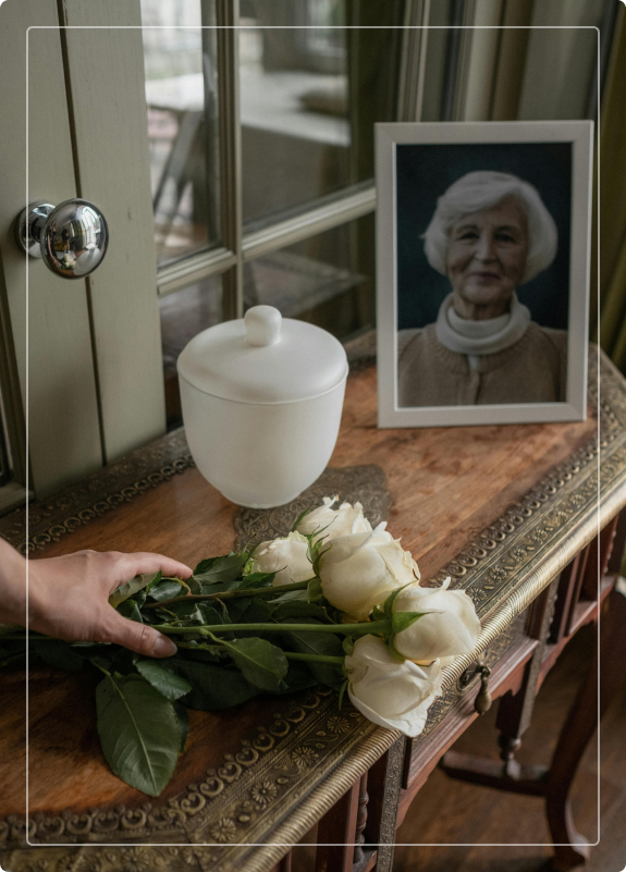 white roses on a console table with urn and remembrance photo