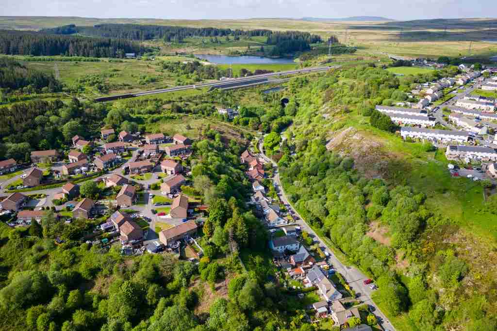 Direct cremation in Blaenau Gwent - aerial view of the valley with Ebbw Vale village