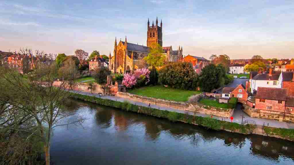 direct cremation in worcestershire - Aerial View Of Worcester Cathedral On The Banks Of The River Severn In Springtime